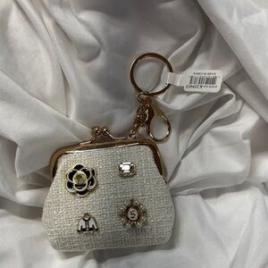 Kiss lock Tweed Coin Purse Gold charm Accents keychain pink or blue or cream